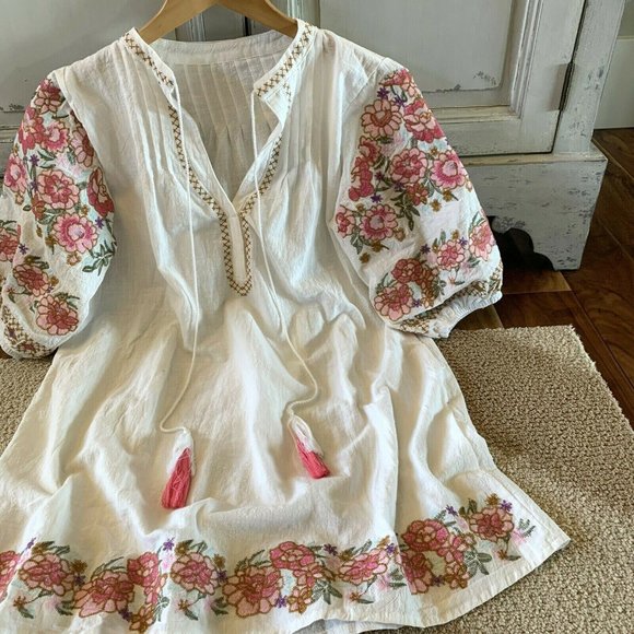New Embroidered Boho Vintage Tassel Tunic Dress - Picture 3 of 6